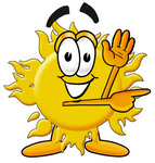 Clip Art Graphic of a Yellow Sun Cartoon Character Waving and Pointing
