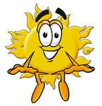 Clip Art Graphic of a Yellow Sun Cartoon Character Sitting