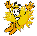 Clip Art Graphic of a Yellow Sun Cartoon Character Jumping