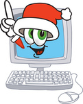 Clip Art Graphic of a Santa Claus Cartoon Character Waving From Inside a Computer Screen
