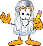 Clip Art Graphic of a Salt Shaker Cartoon Character Holding a Pencil