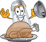 Clip Art Graphic of a Salt Shaker Cartoon Character Serving a Thanksgiving Turkey on a Platter