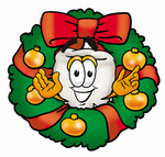 Clip Art Graphic of a Human Molar Tooth Character in the Center of a Christmas Wreath