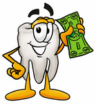 Clip Art Graphic of a Human Molar Tooth Character Holding a Dollar Bill