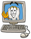 Clip Art Graphic of a Human Molar Tooth Character Waving From Inside a Computer Screen