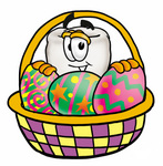 Clip Art Graphic of a Human Molar Tooth Character in an Easter Basket Full of Decorated Easter Eggs