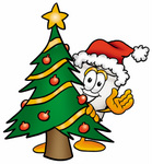 Clip Art Graphic of a Human Molar Tooth Character Waving and Standing by a Decorated Christmas Tree