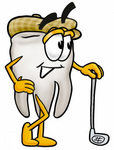Clip Art Graphic of a Human Molar Tooth Character Leaning on a Golf Club While Golfing