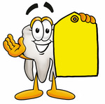 Clip Art Graphic of a Human Molar Tooth Character Holding a Yellow Sales Price Tag