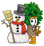 Clip Art Graphic of a Tree Character With a Snowman on Christmas