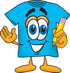 Clip Art Graphic of a Blue Short Sleeved T Shirt Character Holding a Pencil