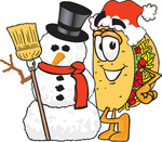 Clip Art Graphic of a Crunchy Hard Taco Character With a Snowman on Christmas