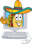 Clip Art Graphic of a Crunchy Hard Taco Character Waving From Inside a Computer Screen