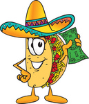 Clip Art Graphic of a Crunchy Hard Taco Character Holding a Dollar Bill