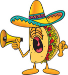 Clip Art Graphic of a Crunchy Hard Taco Character Screaming Into a Megaphone