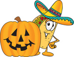 Clip Art Graphic of a Crunchy Hard Taco Character With a Carved Halloween Pumpkin