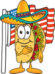 Clip Art Graphic of a Crunchy Hard Taco Character Pledging Allegiance to an American Flag