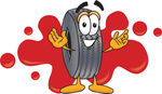 Clip Art Graphic of a Tire Character Logo With Red Paint Splatters