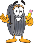 Clip Art Graphic of a Tire Character Holding a Pencil