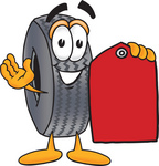 Clip Art Graphic of a Tire Character Holding a Red Sales Price Tag
