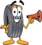 Clip Art Graphic of a Tire Character Holding a Megaphone