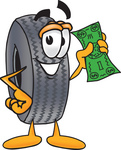 Clip Art Graphic of a Tire Character Holding a Dollar Bill