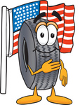 Clip Art Graphic of a Tire Character Pledging Allegiance to an American Flag