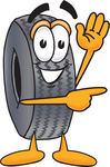 Clip Art Graphic of a Tire Character Waving and Pointing