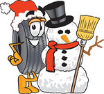 Clip Art Graphic of a Tire Character With a Snowman on Christmas