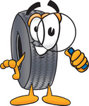 Clip Art Graphic of a Tire Character Looking Through a Magnifying Glass
