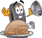 Clip Art Graphic of a Tire Character Serving a Thanksgiving Turkey on a Platter