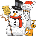 Clip Art Graphic of a Wrench Tool Character With a Snowman on Christmas