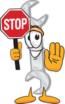 Clip Art Graphic of a Wrench Tool Character Holding a Stop Sign