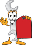 Clip Art Graphic of a Wrench Tool Character Holding a Red Sales Price Tag