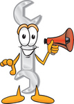 Clip Art Graphic of a Wrench Tool Character Holding a Megaphone