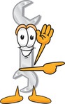 Clip Art Graphic of a Wrench Tool Character Waving and Pointing
