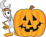 Clip Art Graphic of a Wrench Tool Character With a Carved Halloween Pumpkin