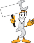 Clip Art Graphic of a Wrench Tool Character Holding a Blank Sign