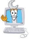 Clip Art Graphic of a Wrench Tool Character Waving From Inside a Computer Screen