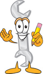 Clip Art Graphic of a Wrench Tool Character Holding a Pencil
