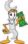 Clip Art Graphic of a Wrench Tool Character Holding a Dollar Bill