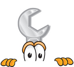 Clip Art Graphic of a Wrench Tool Character Peeking Over a Surface