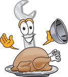 Clip Art Graphic of a Wrench Tool Character Serving a Thanksgiving Turkey on a Platter