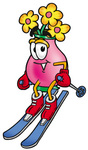 Clip Art Graphic of a Pink Vase And Yellow Flowers Cartoon Character Skiing Downhill