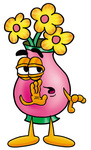 Clip Art Graphic of a Pink Vase And Yellow Flowers Cartoon Character Whispering and Gossiping