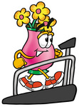 Clip Art Graphic of a Pink Vase And Yellow Flowers Cartoon Character Walking on a Treadmill in a Fitness Gym