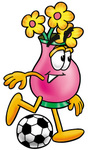Clip Art Graphic of a Pink Vase And Yellow Flowers Cartoon Character Kicking a Soccer Ball