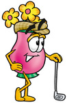 Clip Art Graphic of a Pink Vase And Yellow Flowers Cartoon Character Leaning on a Golf Club While Golfing