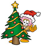 Clip Art Graphic of a Strawberry Ice Cream Cone Cartoon Character Waving and Standing by a Decorated Christmas Tree