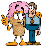 Clip Art Graphic of a Strawberry Ice Cream Cone Cartoon Character Talking to a Business Man